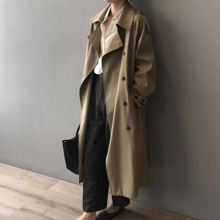 Women’s Bennett and Lowe Katherine double-breasted belted long trench coat, water-repellent, in classic style with a tailored fit.