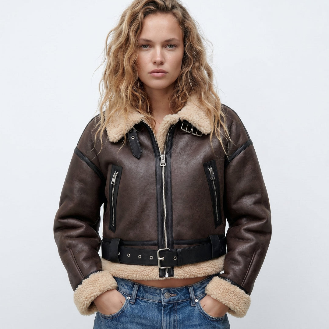 Women’s cropped aviator bomber jacket with shearling lining by Bennett and Lowe, shown from the front with double-sided shearling detail.
