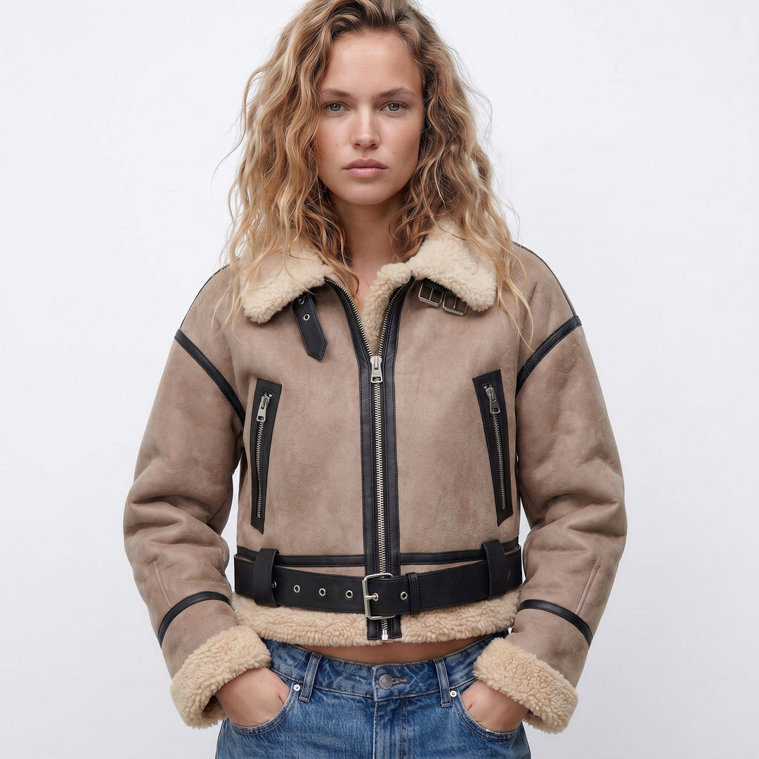 Women's cropped aviator bomber jacket by Bennett and Lowe featuring double-sided shearling and classic aviator style.
