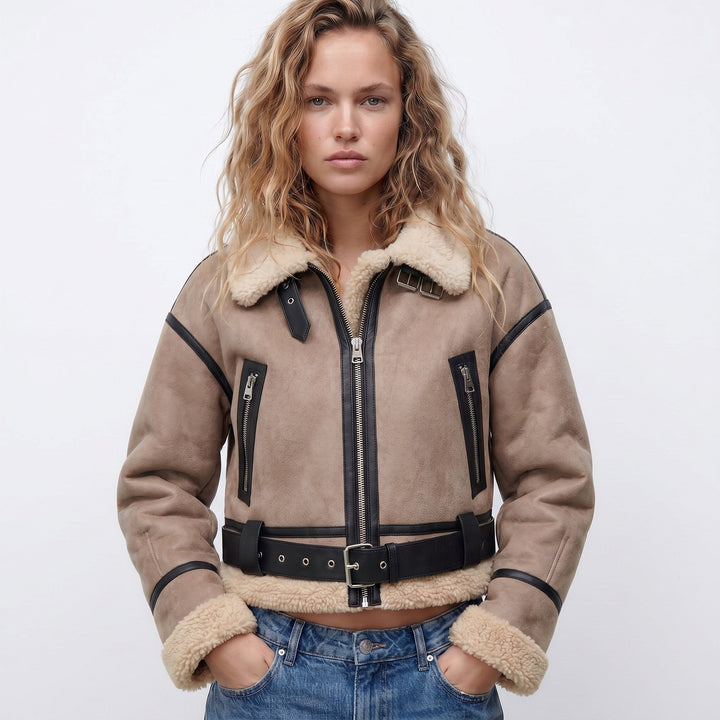 Women's cropped aviator bomber jacket by Bennett and Lowe featuring double-sided shearling and classic aviator style.