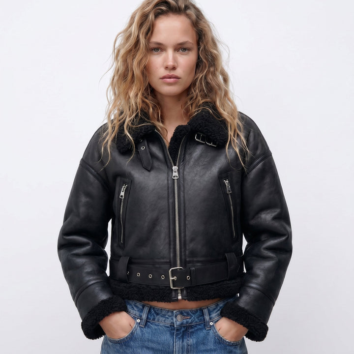 Women’s cropped aviator bomber jacket by Bennett and Lowe with double-sided shearling, stylish and warm for cold weather.