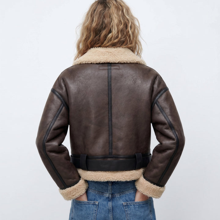 Bennett and Lowe Verena women's cropped aviator bomber jacket with double-sided shearling details, stylish and warm.