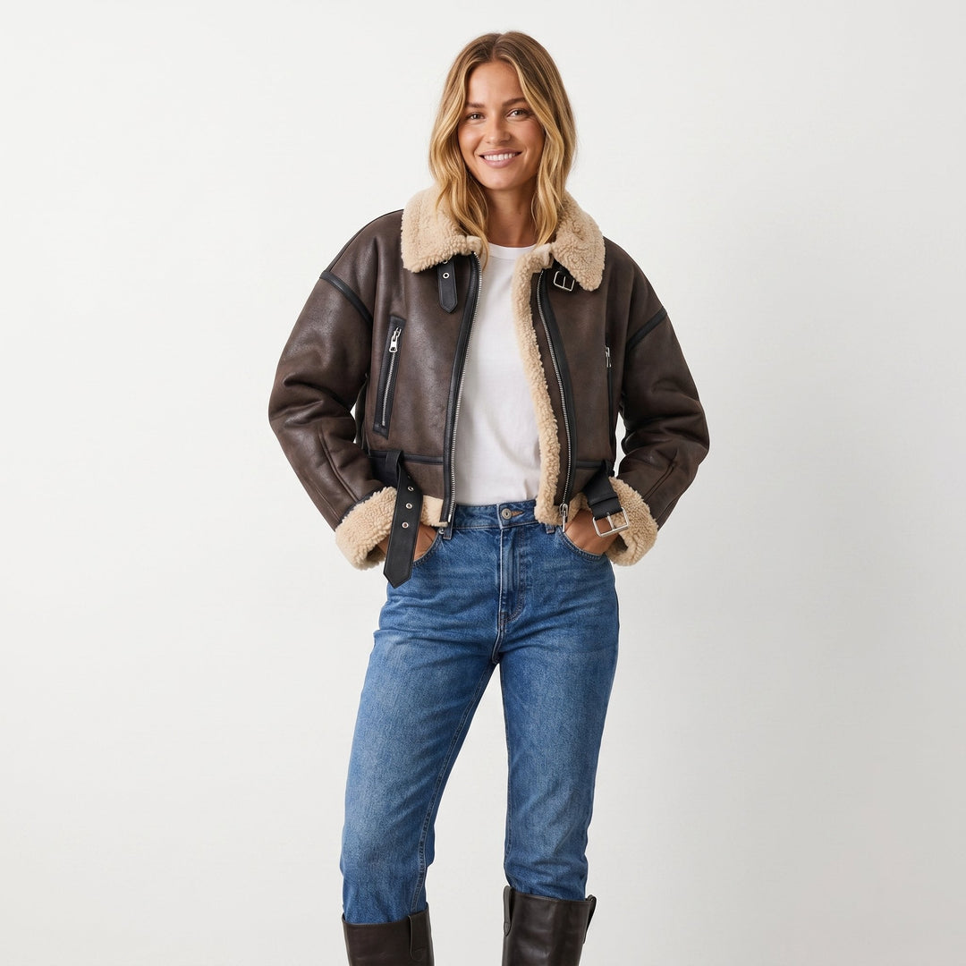 Women's Bennett and Lowe Verena cropped aviator bomber jacket with double-sided shearling, featuring a stylish and cozy design.