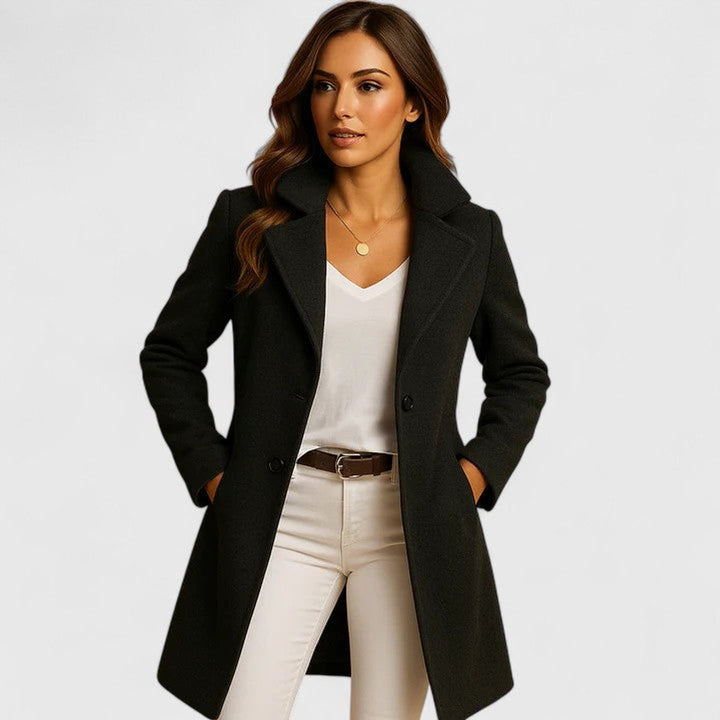 Elegant Bennett and Lowe Blanche tailored long coat for women with notch lapel, button front, and classic style.