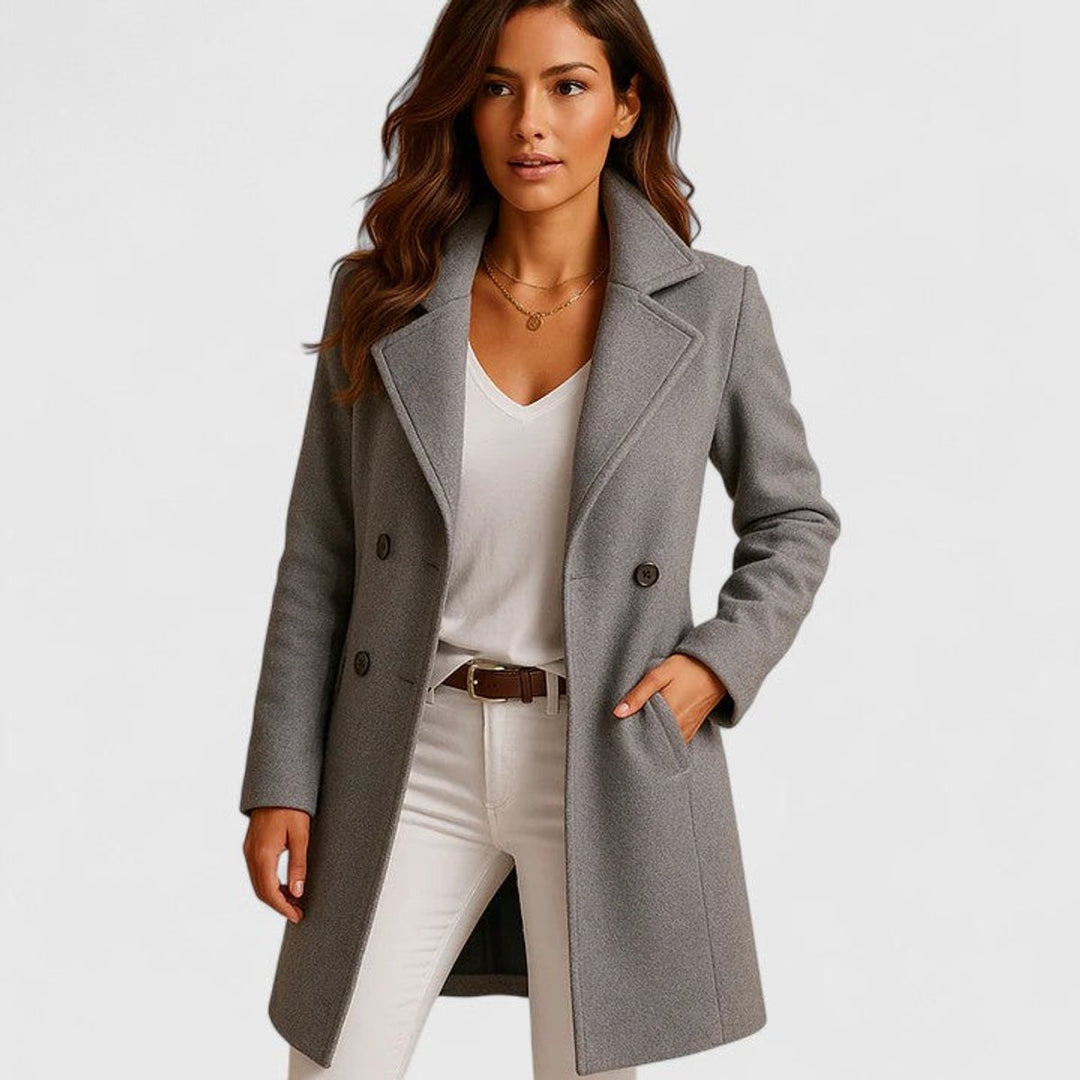 Elegant women's long Bennett and Lowe coat with tailored notch lapel and button front, perfect for sophisticated winter wear.