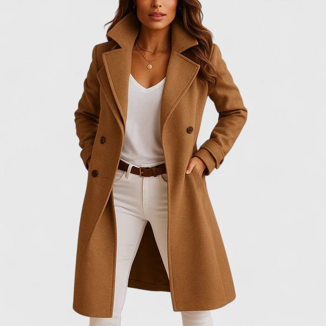 Elegant women's long Bennett and Lowe coat with tailored notch lapel, button front, and structured fit.