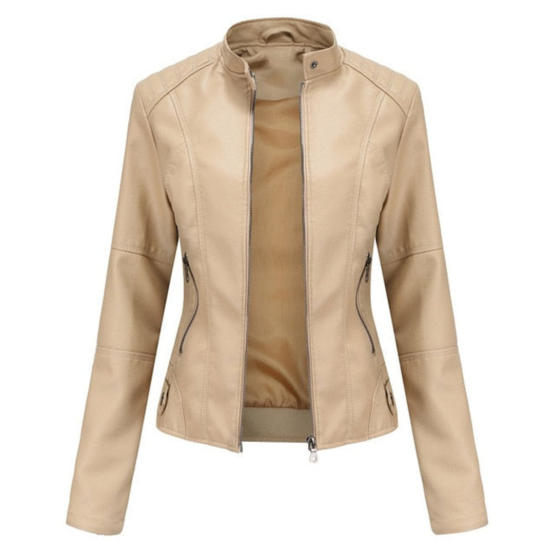 Women's faux leather Helen stand-collar moto jacket by Bennett and Lowe with a zip-up front and fitted design.