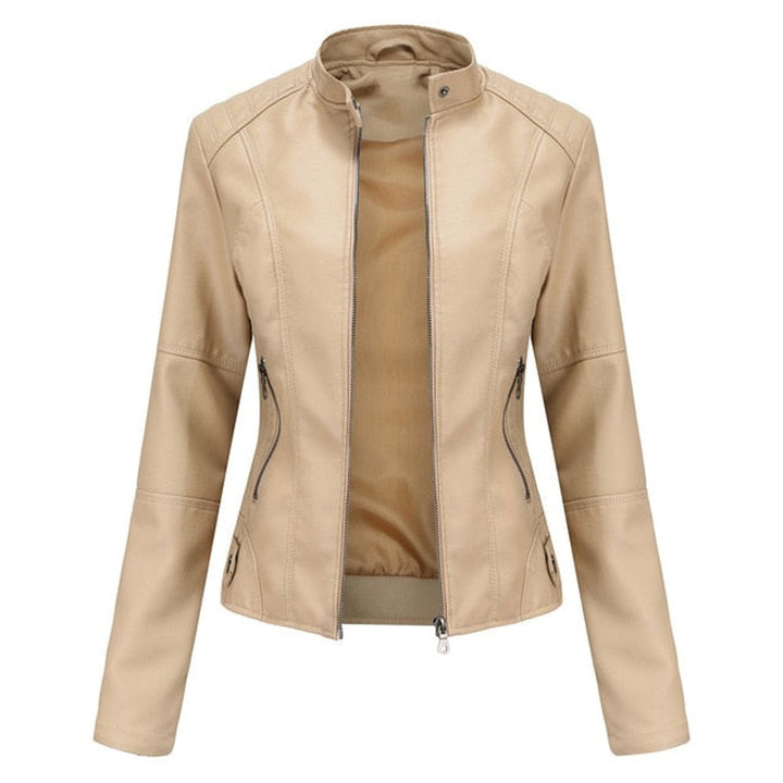 Women's faux leather Helen stand-collar moto jacket by Bennett and Lowe with a zip-up front and fitted design.