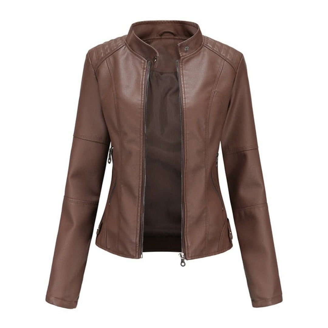 Helen women's faux leather stand-collar moto jacket by Bennett and Lowe, featuring a zip-up front and sleek design.