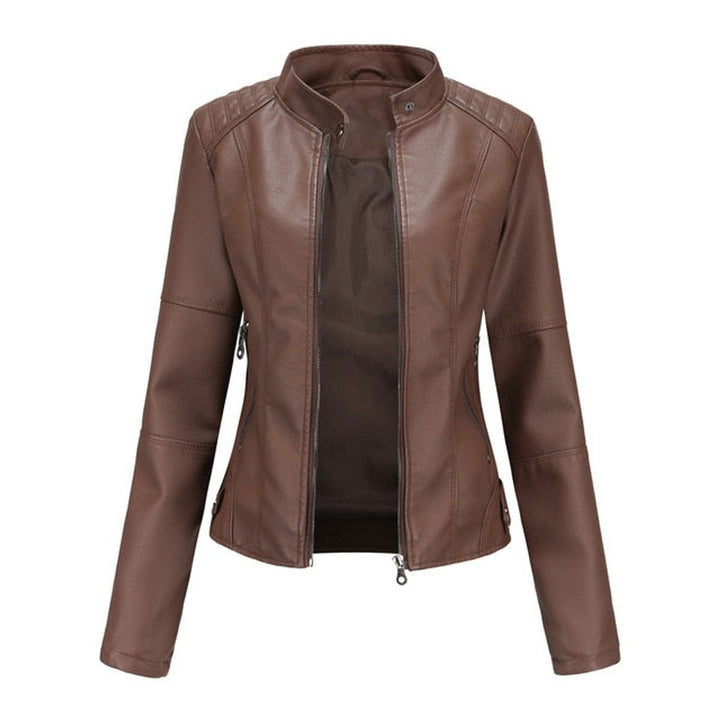 Helen women's faux leather stand-collar moto jacket by Bennett and Lowe, featuring a zip-up front and sleek design.
