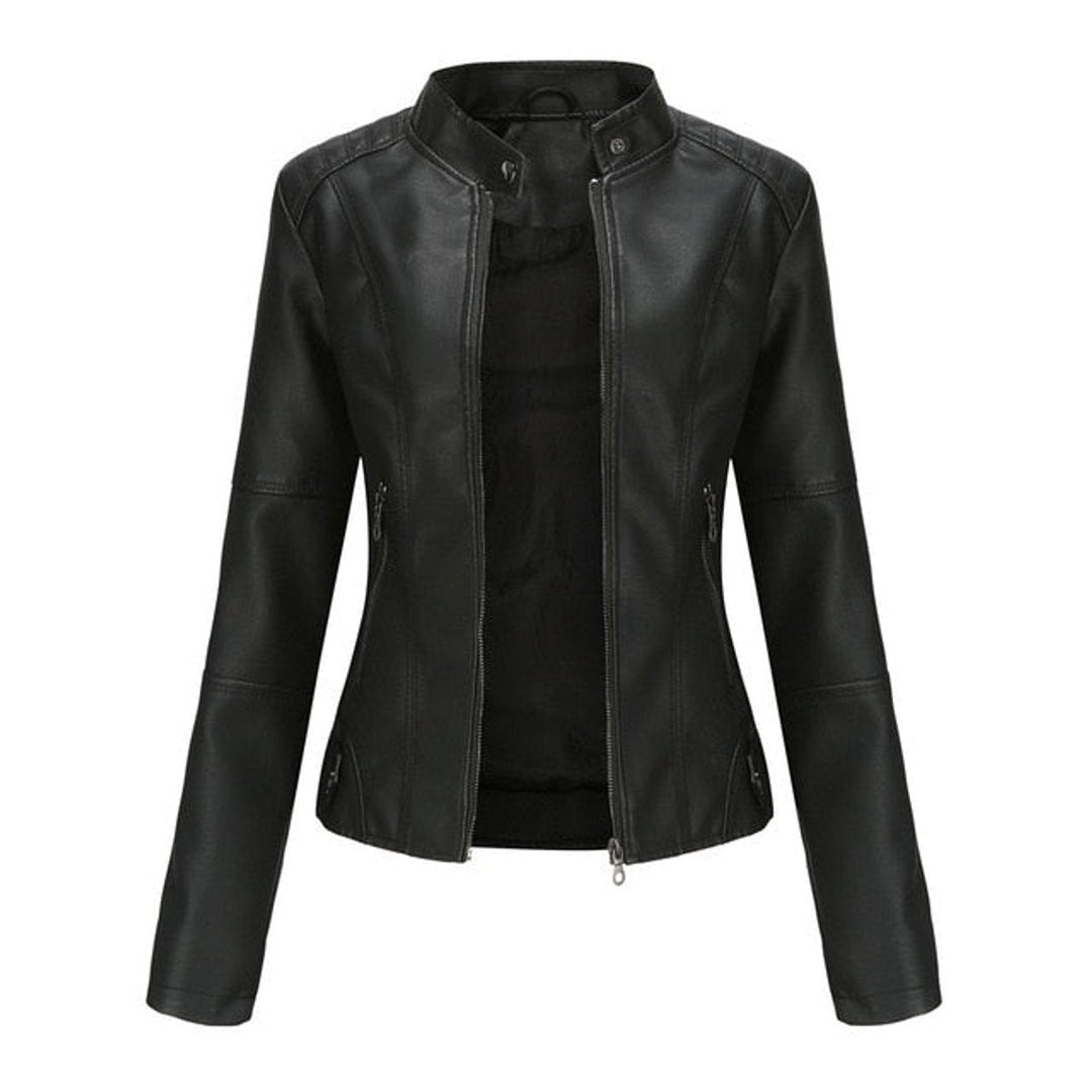 Helen Bennett and Lowe women's faux leather stand-collar zip-up moto jacket, stylish and fitted for a modern look.