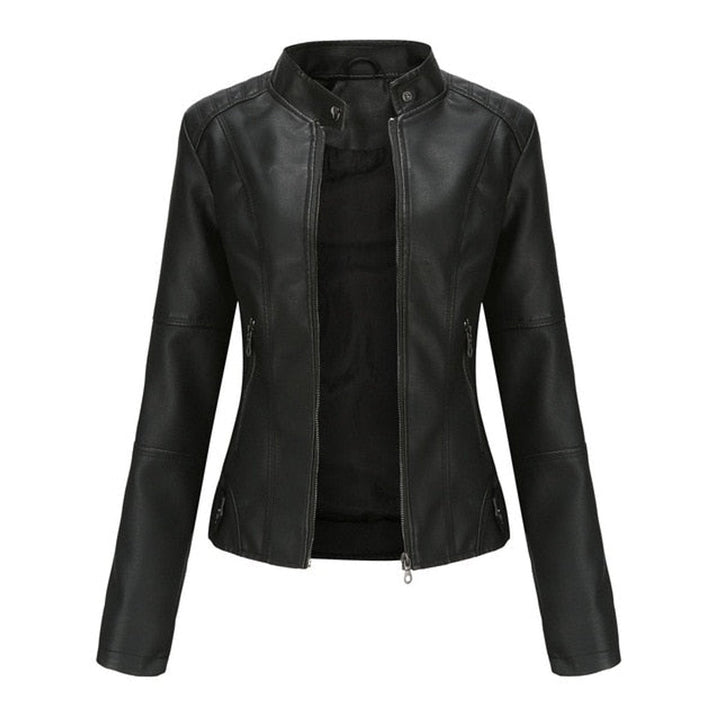 Helen Bennett and Lowe women's faux leather stand-collar moto jacket with zip-up front, stylish and fitted for a modern look.