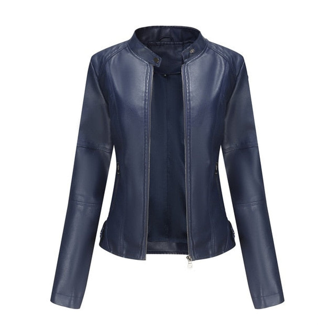 Helen Bennett and Lowe women's faux leather stand-collar moto jacket with zip-up front and fitted design.