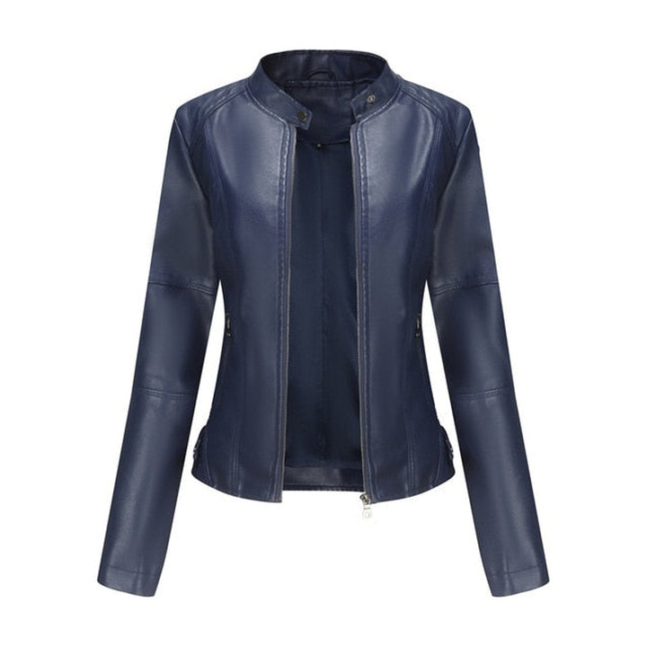 Helen Bennett and Lowe women's faux leather stand-collar moto jacket with zip-up front and fitted design.