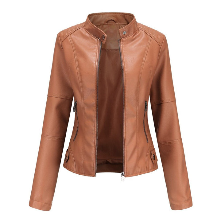 Helen Bennett and Lowe women’s faux leather stand-collar moto jacket with zip-up front, stylish and fitted for a modern look.