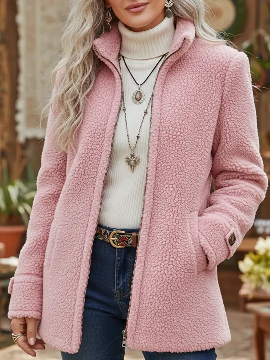 Bennett and Lowe Patricia women's plush fleece zip-up teddy coat with stand collar, cozy and stylish winter outerwear.