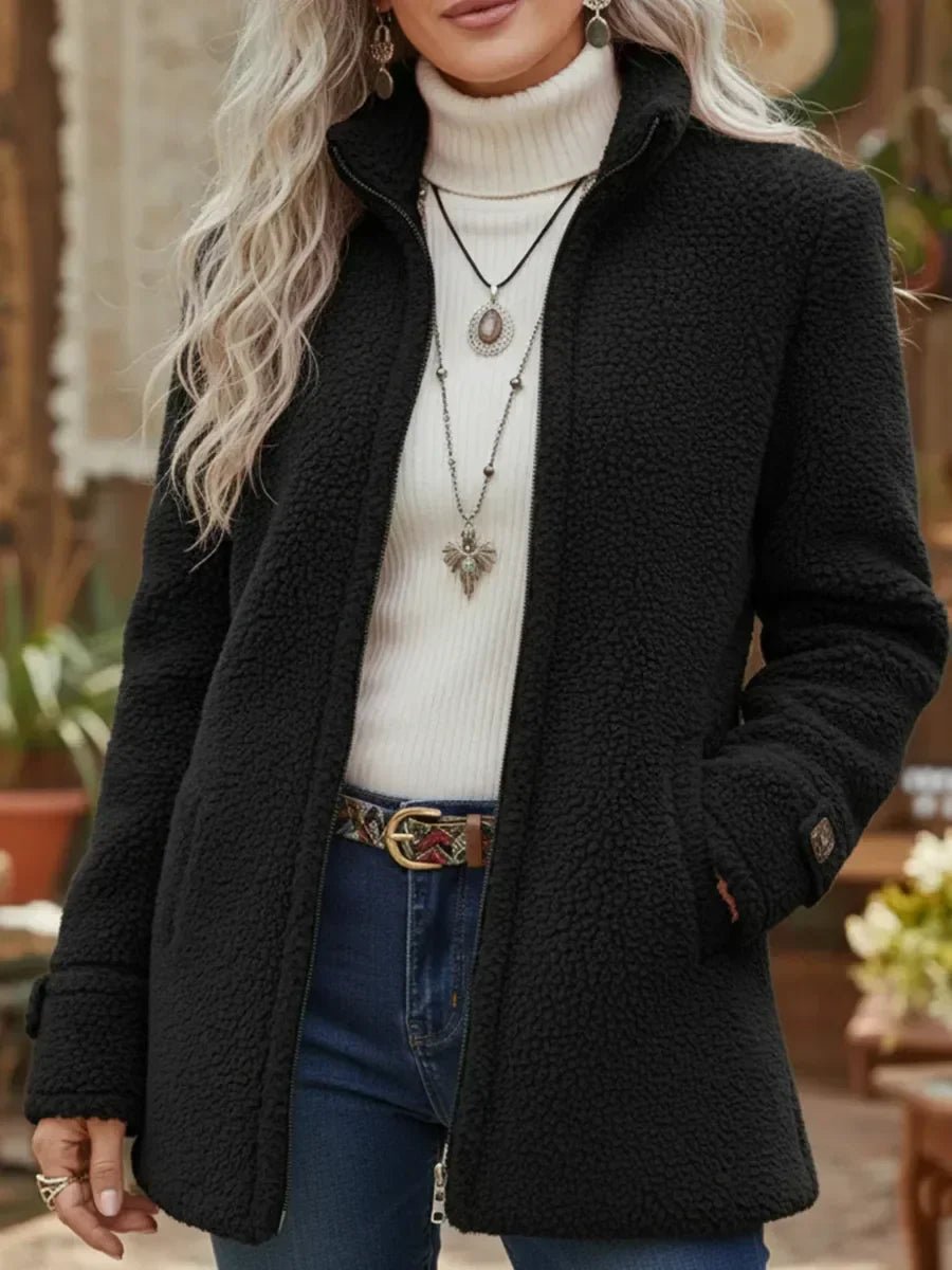 Bennett and Lowe Patricia women's plush fleece zip-up coat with a stand collar, cozy and stylish for cold weather.