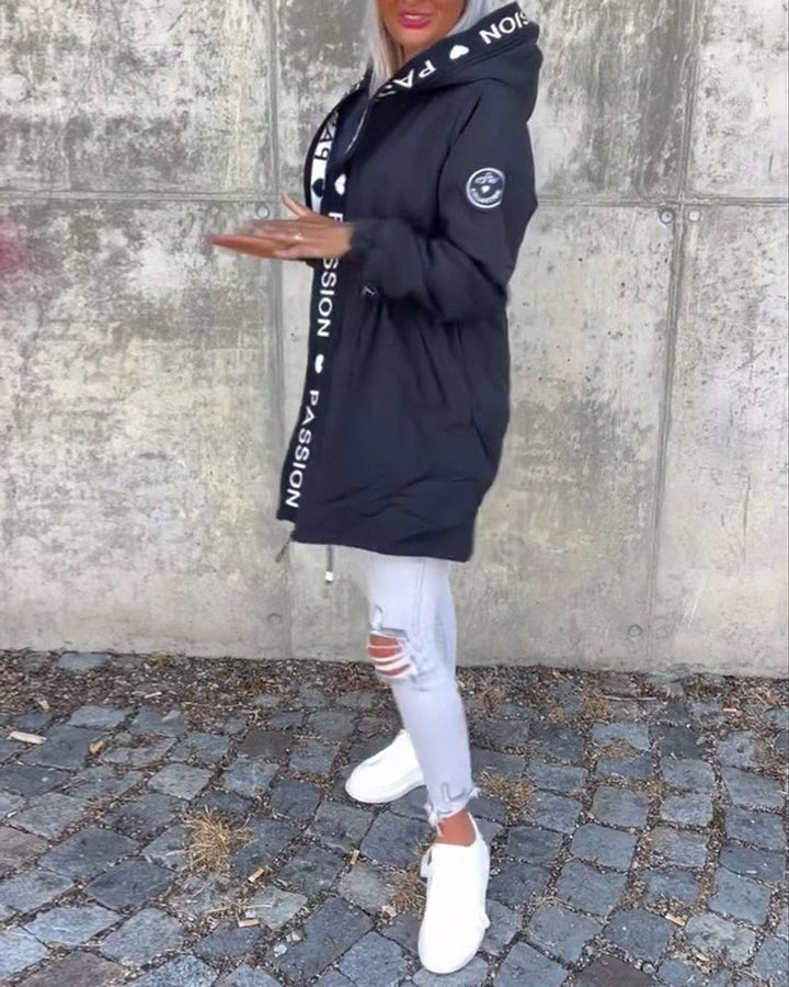 Women's hooded drawstring midi parka coat by Bennett and Lowe, featuring a casual, stylish design with a front zipper and adjustable hood.