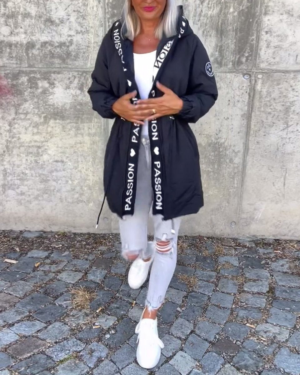 Women's hooded drawstring midi parkas by Bennett and Lowe, featuring a stylish, casual coat with a hood and adjustable waist.