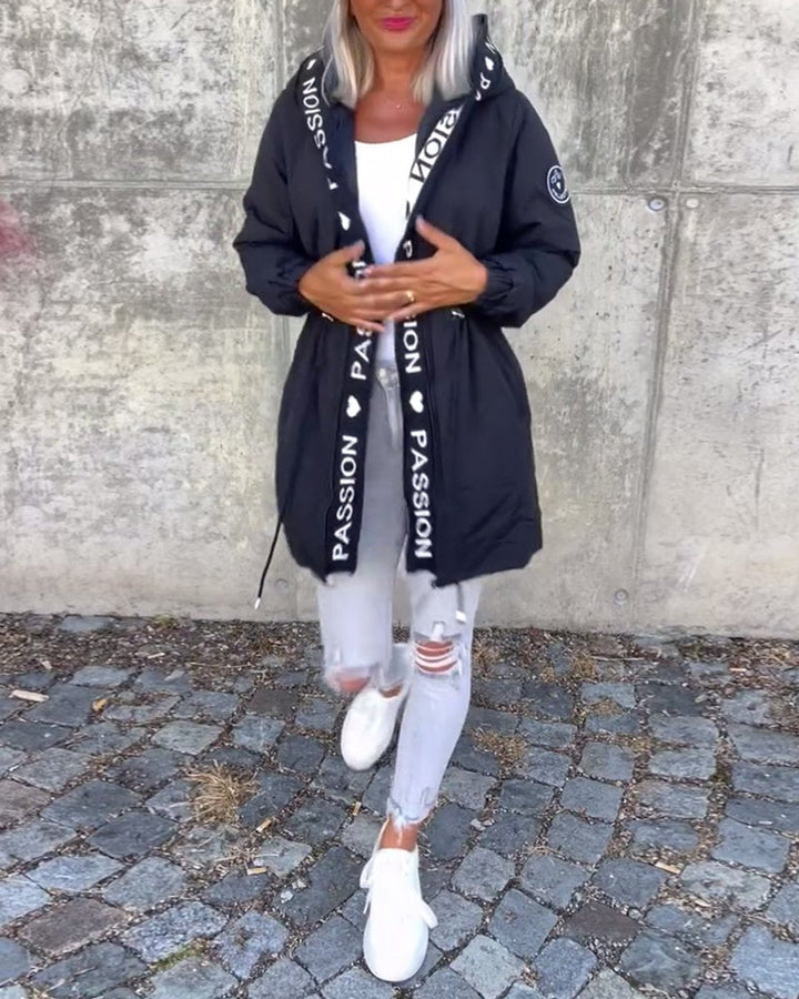 Women's hooded drawstring midi parkas by Bennett and Lowe, featuring a stylish, casual coat with a hood and adjustable waist.