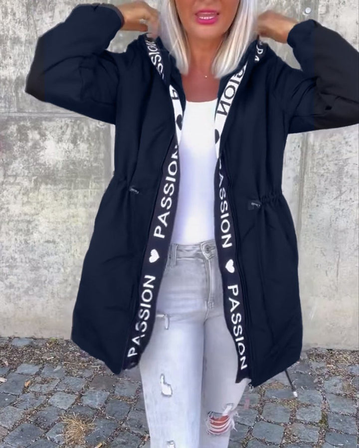 Women's hooded drawstring midi parka coat by Bennett and Lowe, featuring a relaxed fit and practical design.