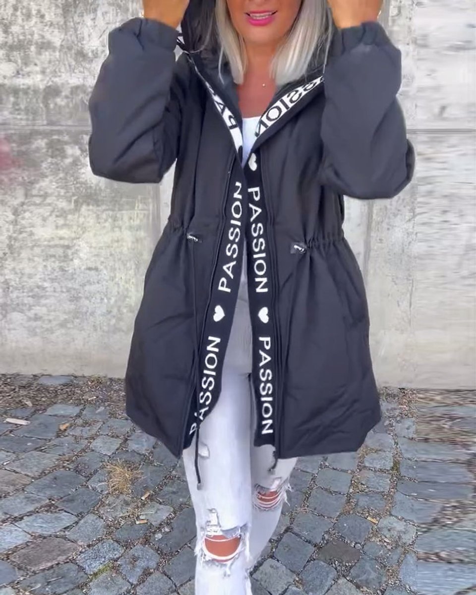 Women’s hooded drawstring midi parka coat by Bennett and Lowe, featuring a stylish hood and adjustable waist for a tailored fit.