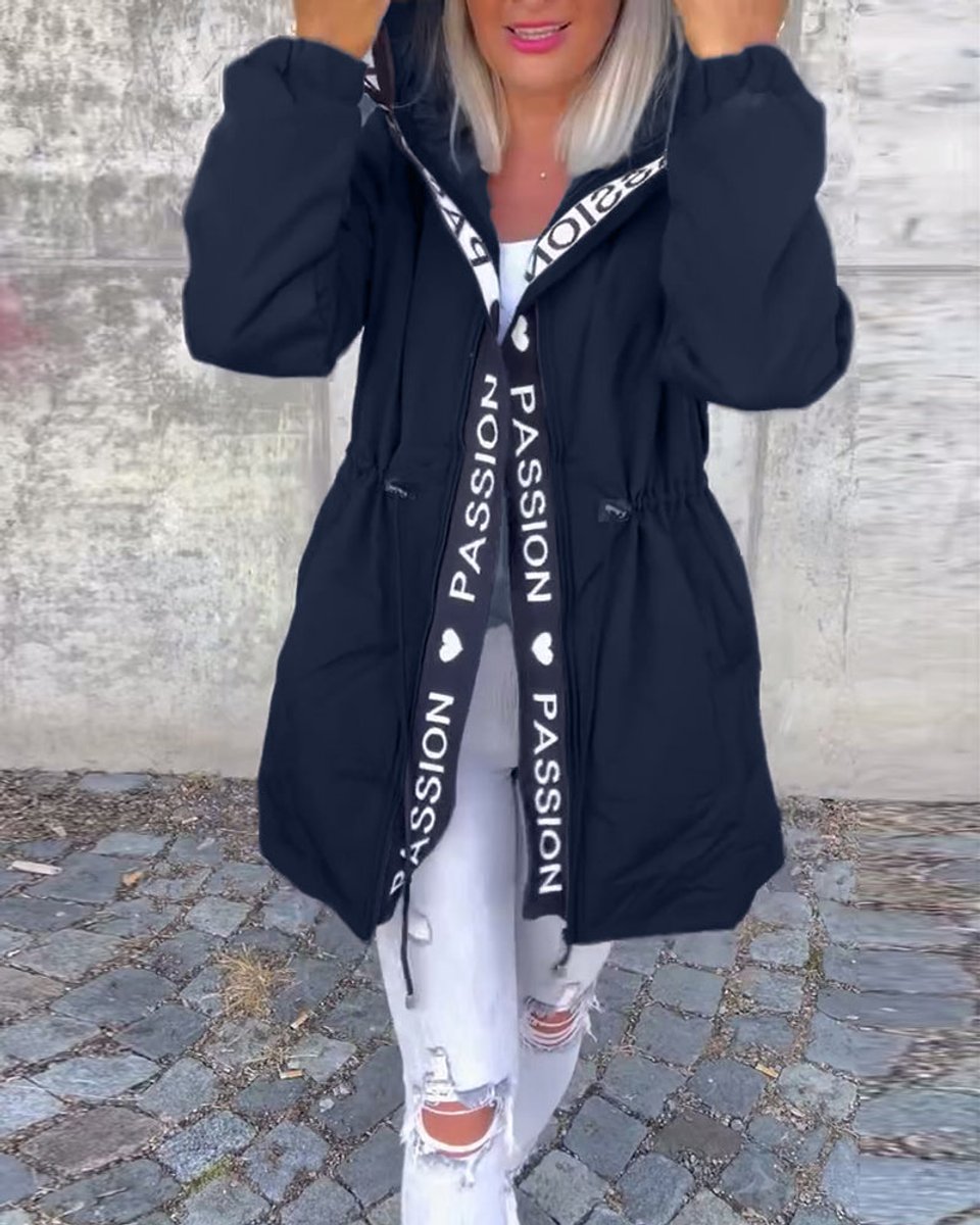Bennett and Lowe Camila hooded drawstring midi parka coat for women, shown with a front view and adjustable hood.