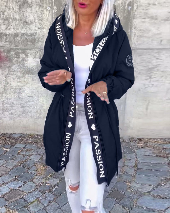Women’s hooded drawstring midi parka coat by Bennett and Lowe, featuring a stylish, warm, mid-length design with a hood and adjustable drawstring.