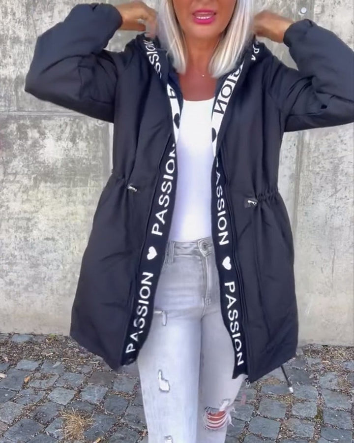 Women’s hooded drawstring midi parka coat by Bennett and Lowe, featuring a stylish, mid-length design with a hood and adjustable drawstrings.