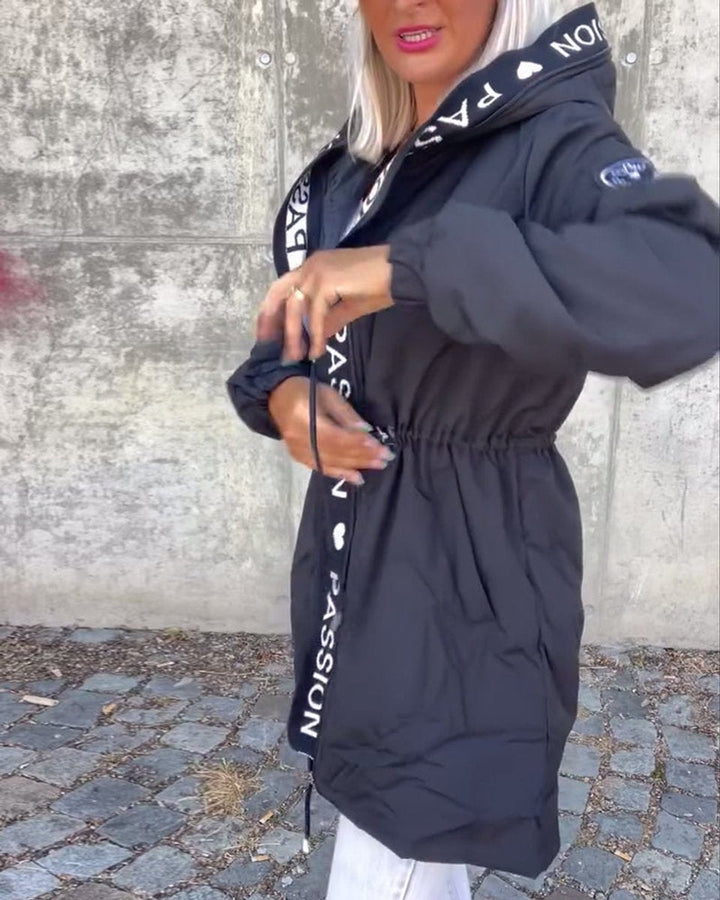 Women’s hooded drawstring midi parka coat by Bennett and Lowe, featuring a stylish and practical design for cold weather.