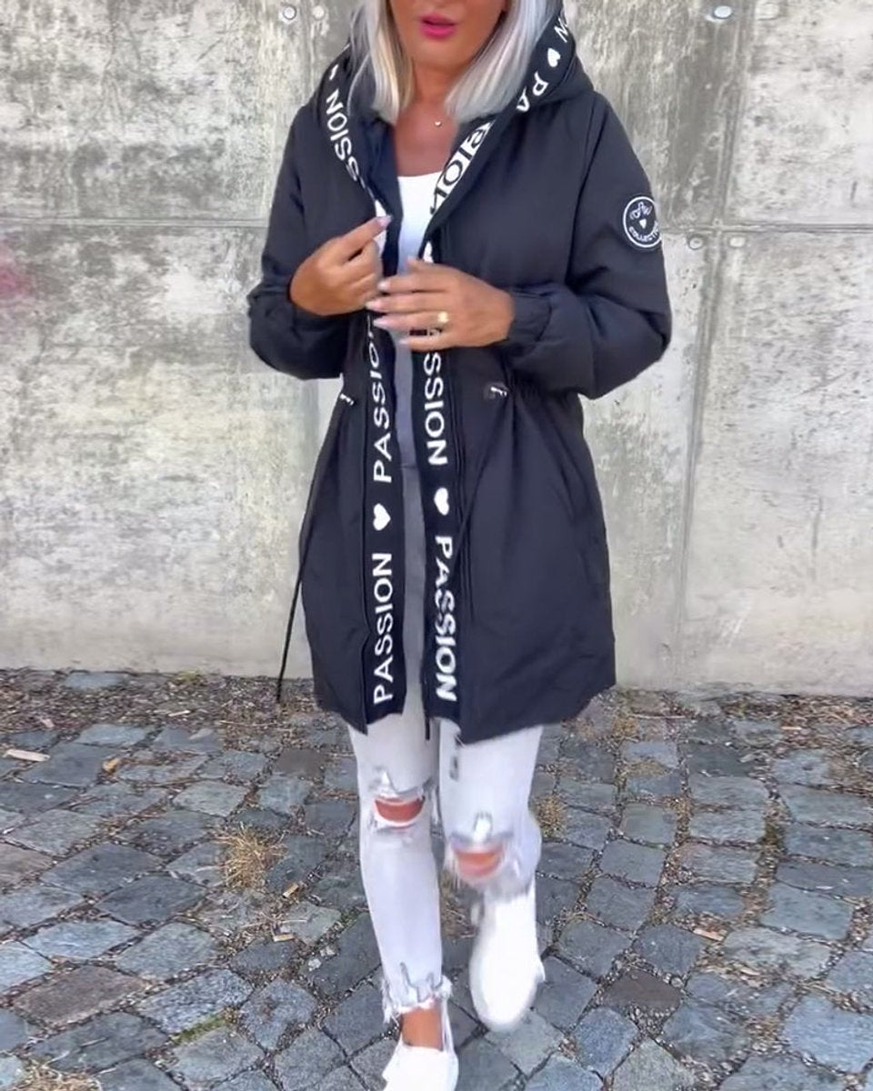 Women’s hooded drawstring midi parka coat by Bennett and Lowe, featuring a stylish hood and casual fit for versatile outdoor wear.