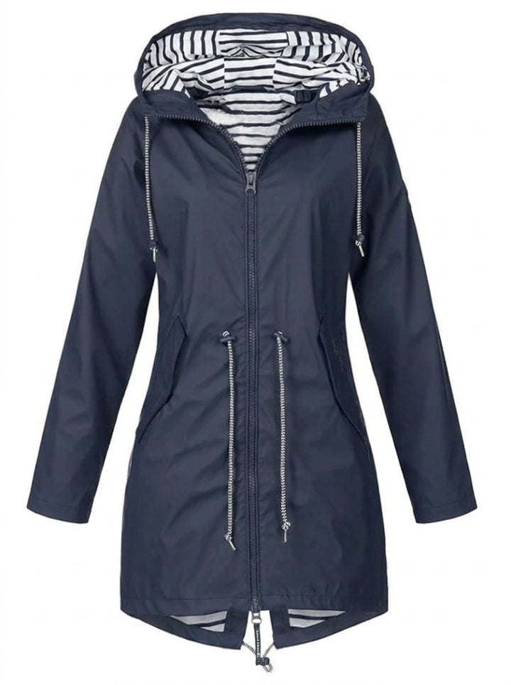 Women’s waterproof hooded raincoat with drawstring waist by Bennett and Lowe, featuring a front zipper and adjustable hood.