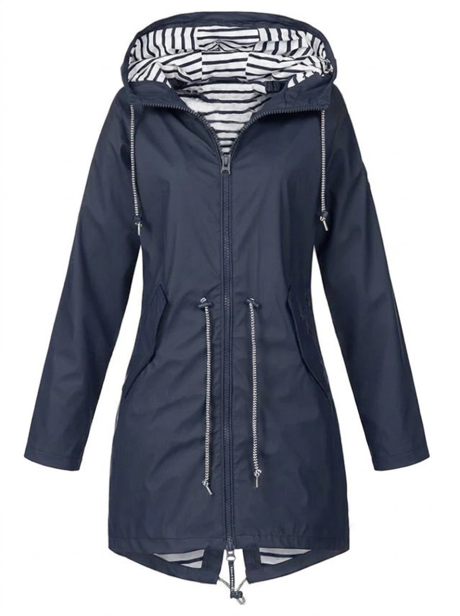 Women's waterproof hooded raincoat with drawstrings by Bennett and Lowe, featuring a practical design and adjustable hood.