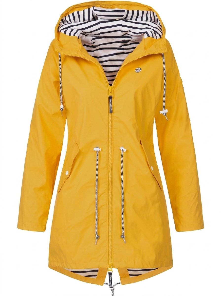 Women's waterproof hooded raincoat with drawstrings by Bennett and Lowe, featuring a stylish design and functional water-resistant fabric.