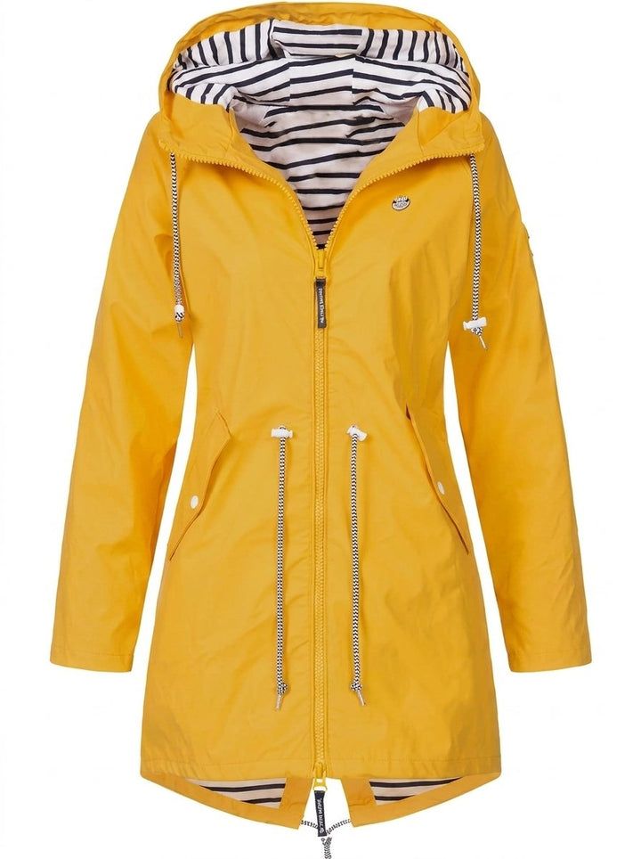 Women's waterproof hooded raincoat with drawstrings by Bennett and Lowe, featuring a stylish design and functional water-resistant fabric.