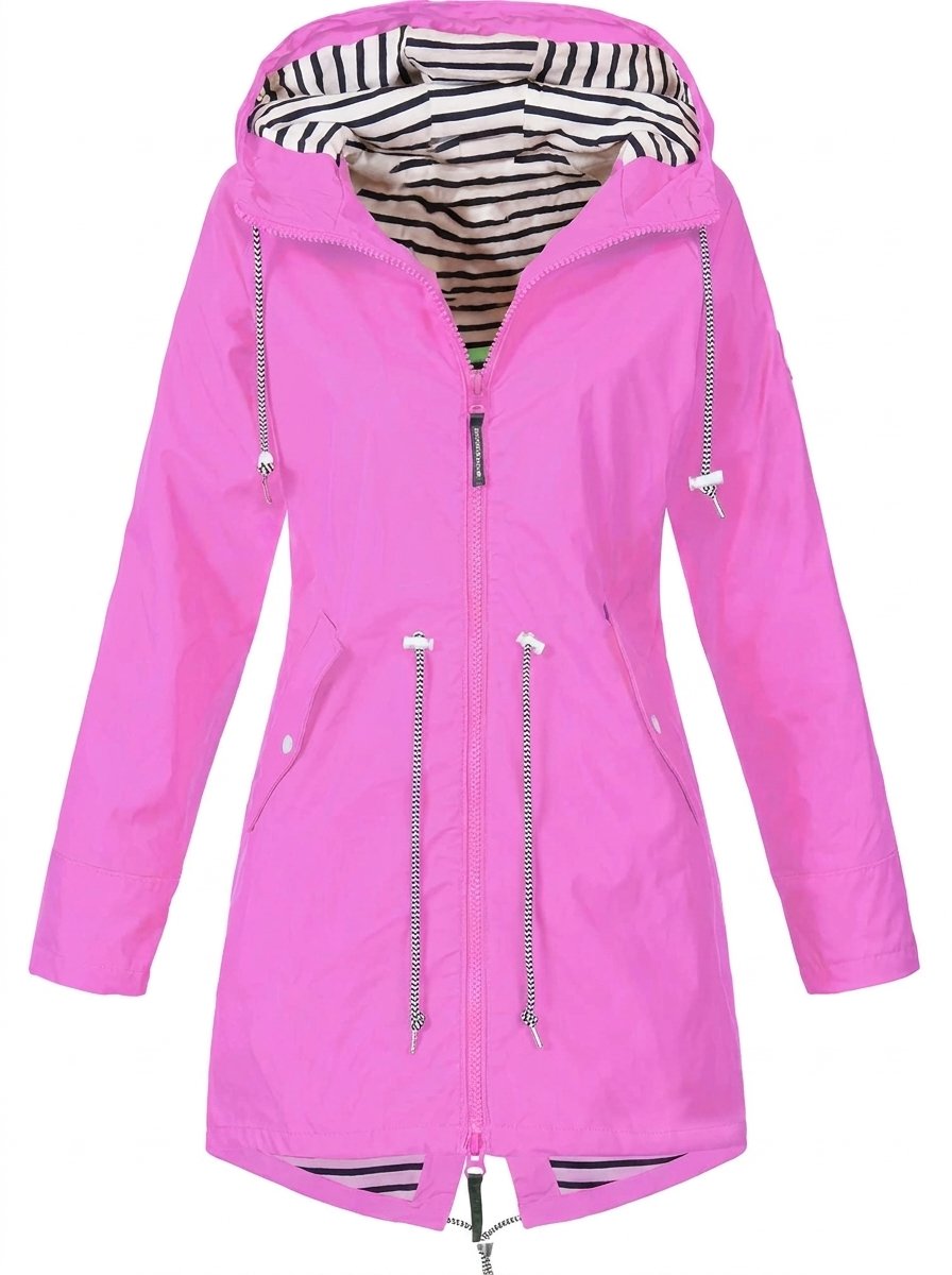 Women’s waterproof hooded raincoat with drawstring waist from Bennett and Lowe, lightweight and suitable for wet weather.