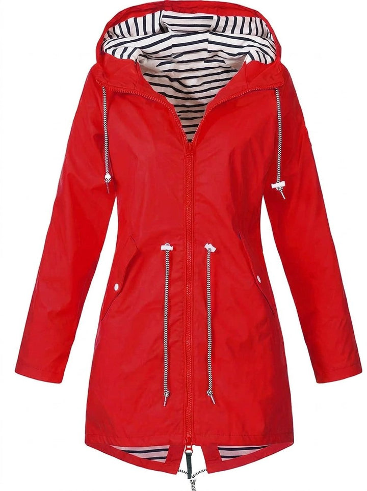 Women’s waterproof hooded drawstring raincoat by Bennett and Lowe, featuring a front zipper and adjustable waist for a stylish rain protection look.