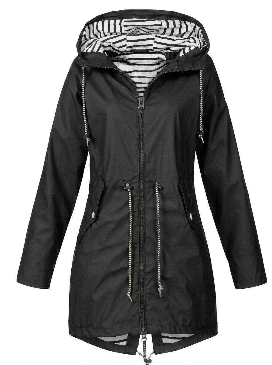 Women’s waterproof hooded raincoat with drawstring from Bennett and Lowe, featuring a practical hood and stylish design.