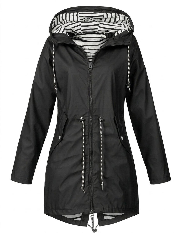 Women’s waterproof hooded raincoat with drawstring waist from Bennett and Lowe, featuring a rain-resistant fabric and adjustable hood.