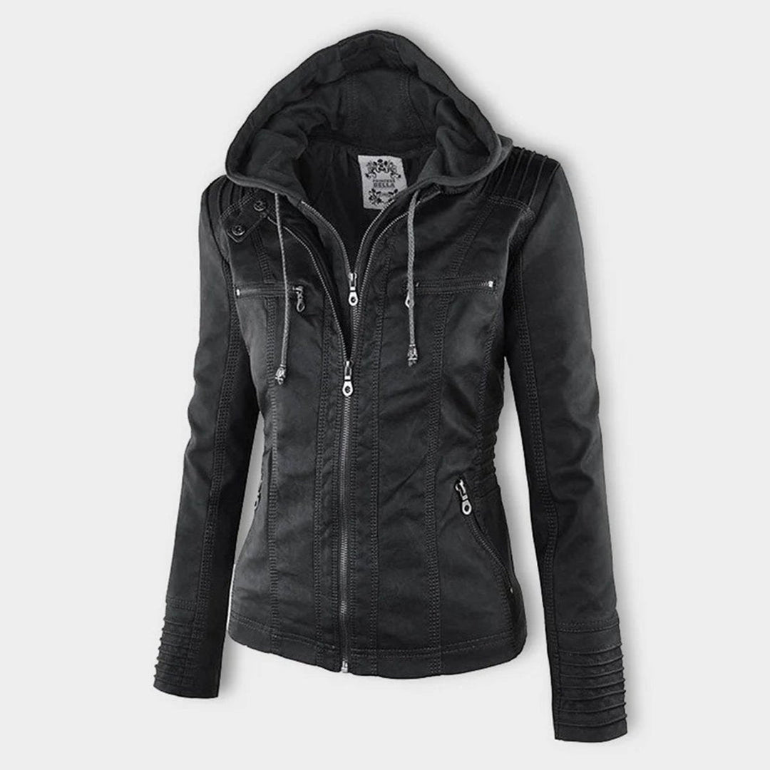 Women’s faux leather hooded moto jacket by Bennett and Lowe with a removable hood, featuring a fitted design and stylish lapels.