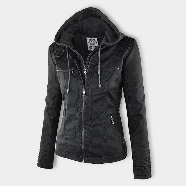 Women’s faux leather hooded moto jacket by Bennett and Lowe with a removable hood, featuring a fitted design and stylish lapels.