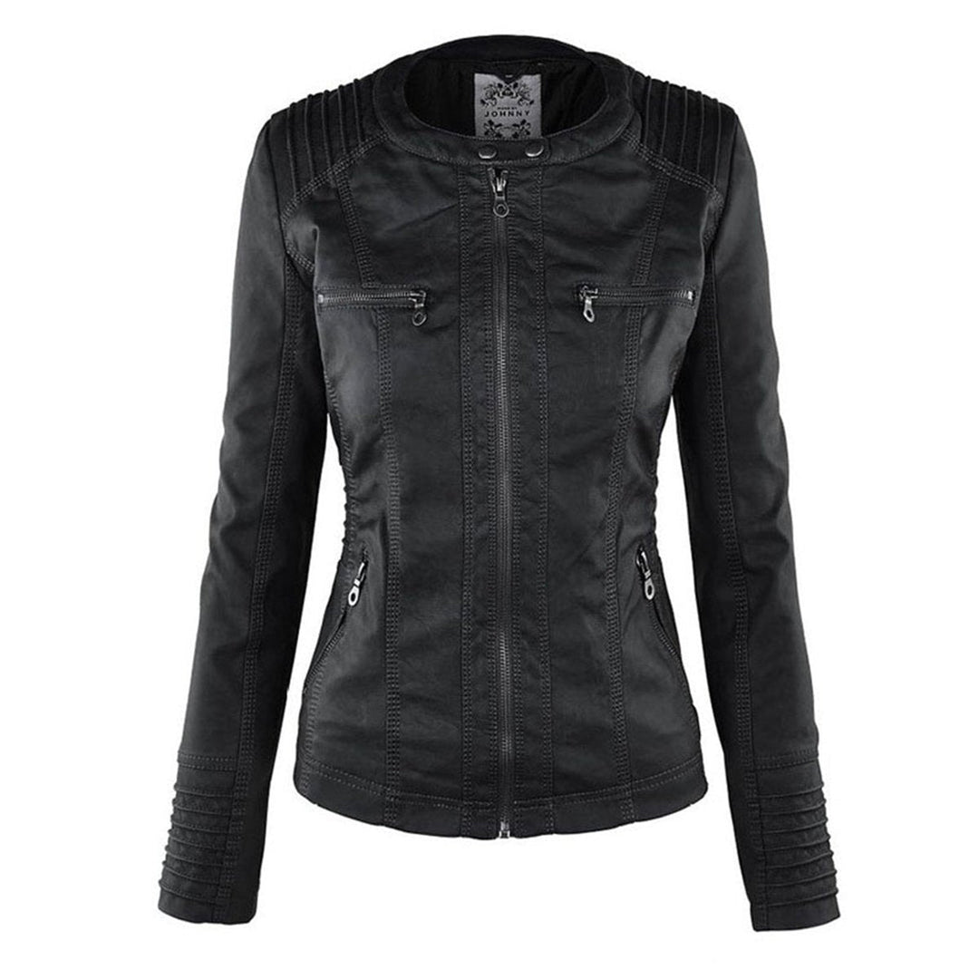 Women’s faux leather hooded moto jacket by Bennett and Lowe with a removable hood, stylish and fitted for a modern look.