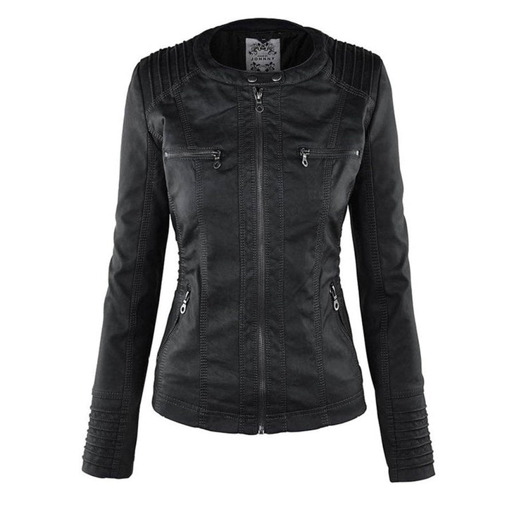 Women’s faux leather hooded moto jacket by Bennett and Lowe with a removable hood, stylish and fitted for a modern look.