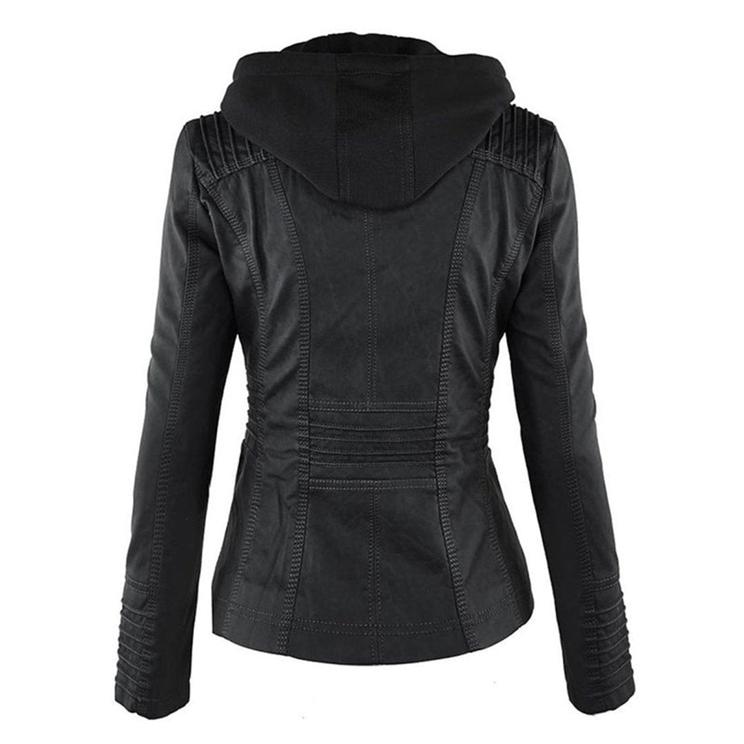 Women’s faux leather hooded moto jacket by Bennett and Lowe with a removable hood, stylish and fitted for a modern look.