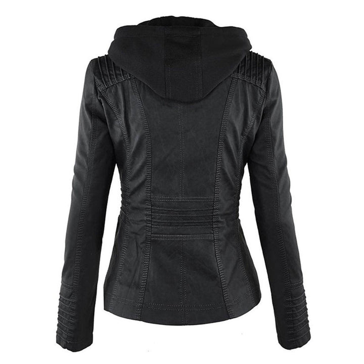 Women’s faux leather hooded moto jacket by Bennett and Lowe with a removable hood, stylish and fitted for a modern look.