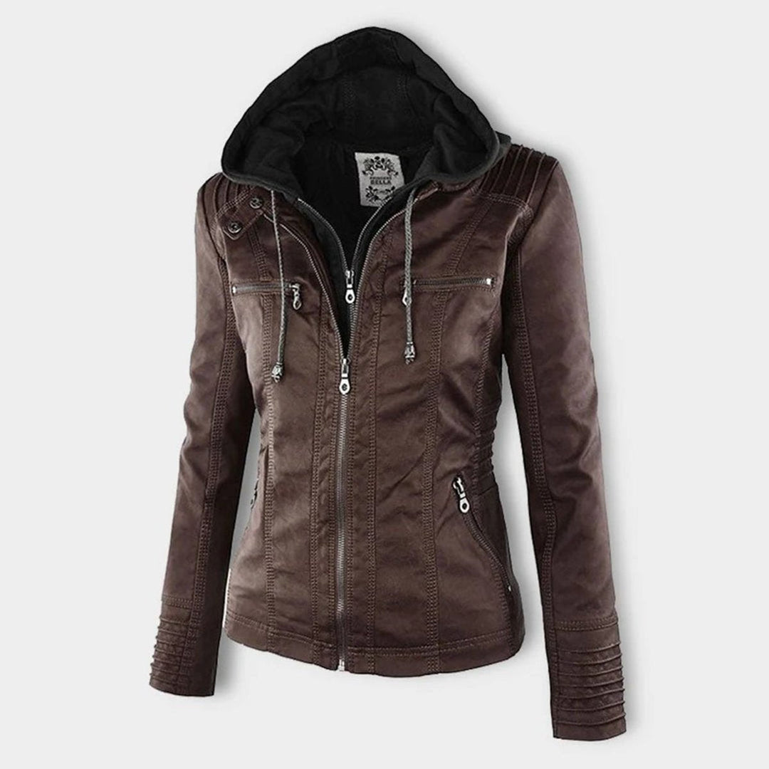 Women's black faux leather hooded moto jacket by Bennett and Lowe with a removable hood, stylish and modern for casual wear.