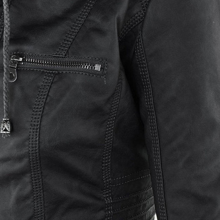 Women’s faux leather hooded moto jacket by Bennett and Lowe with a removable hood, stylish and fitted for a modern look.