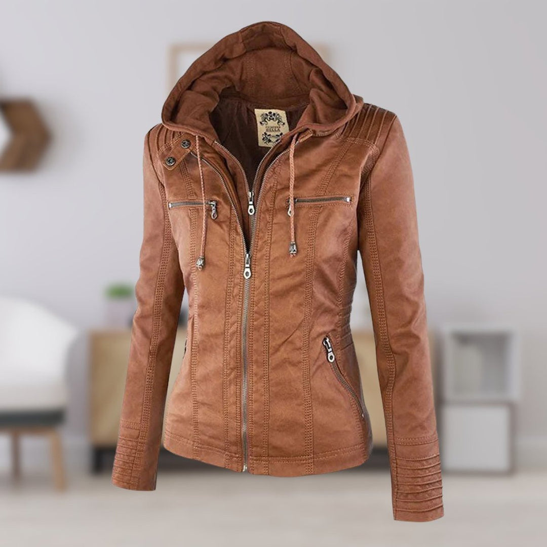 Women’s faux leather hooded moto jacket by Bennett and Lowe with a removable hood, stylish and fitted for a modern look.