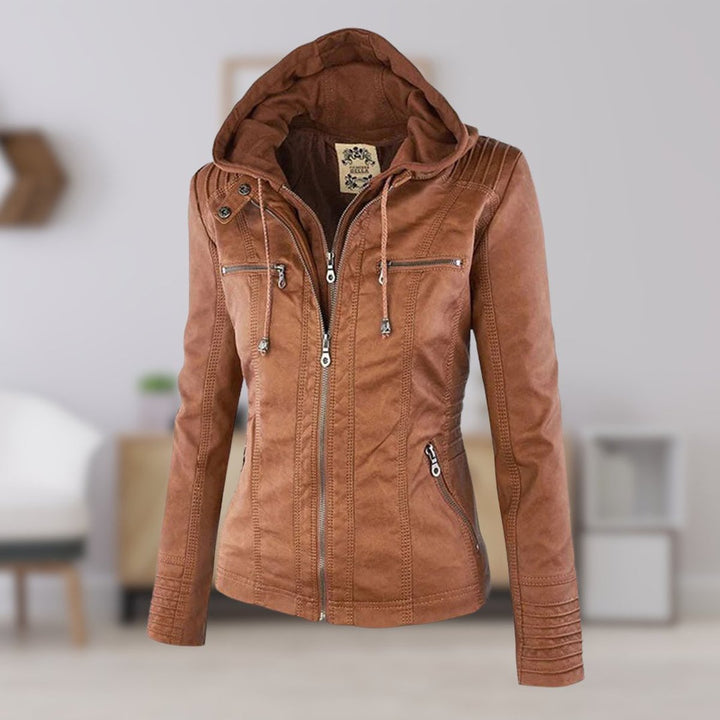 Women’s faux leather hooded moto jacket by Bennett and Lowe with a removable hood, stylish and fitted for a modern look.