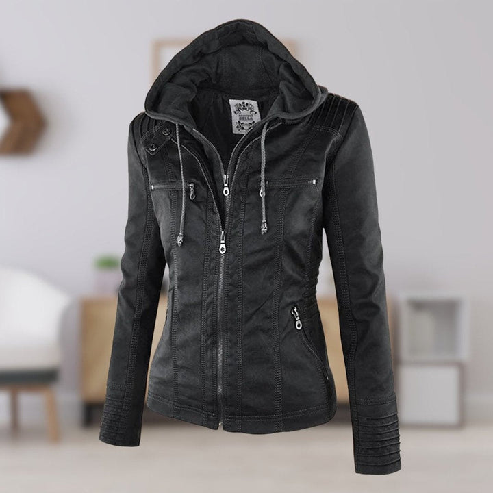 Women’s faux leather hooded moto jacket with removable hood by Bennett and Lowe, featuring a stylish, fitted design.